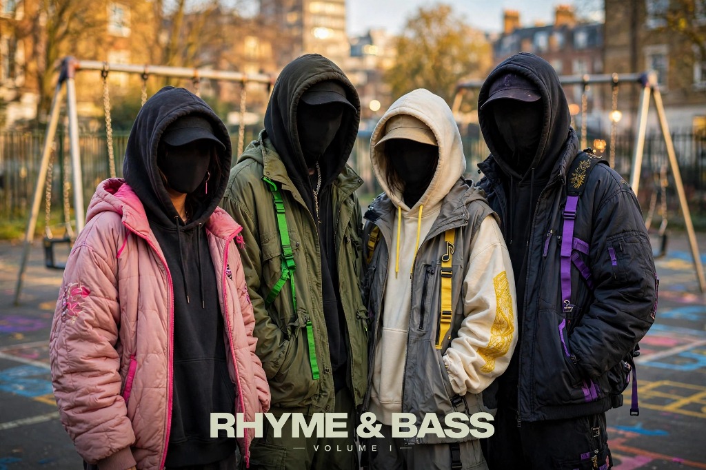 RHYME & BASS group artwork featuring four faceless recurring members