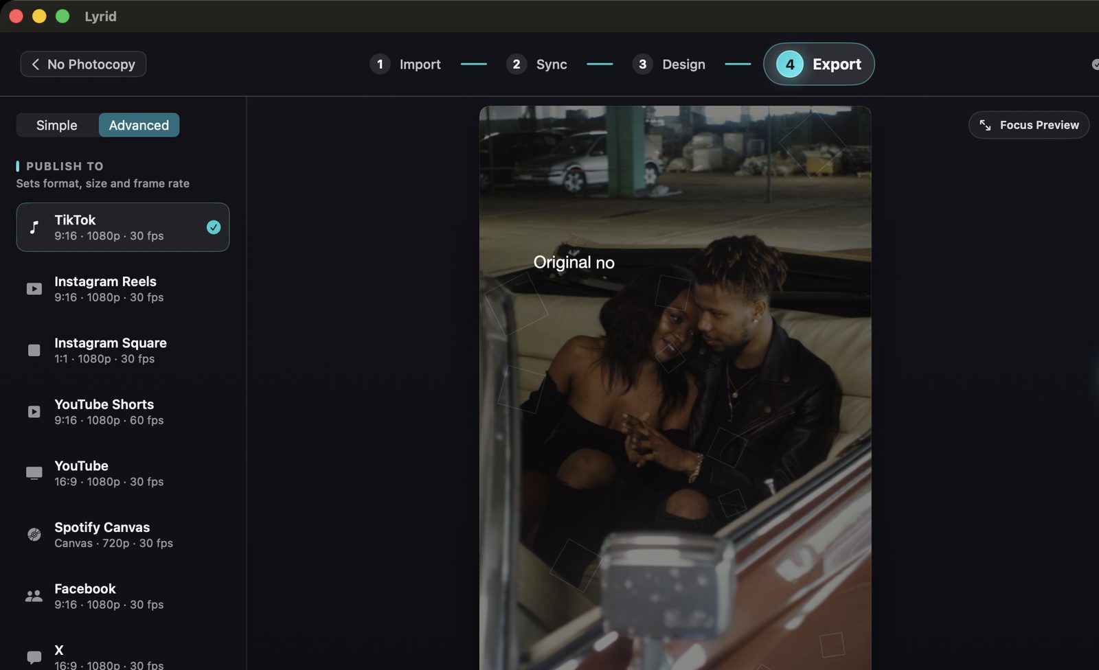 Export: one-tap presets for TikTok, Instagram Reels, Instagram Square, YouTube Shorts, YouTube, Spotify Canvas, Facebook and X.