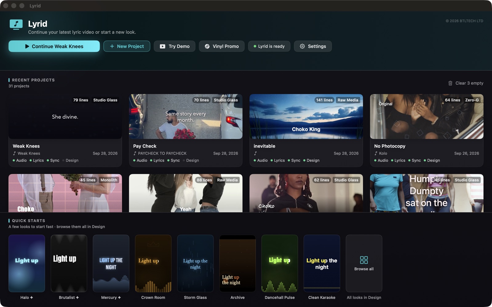 The Lyrid home screen, with recent lyric-video projects and quick-start looks.