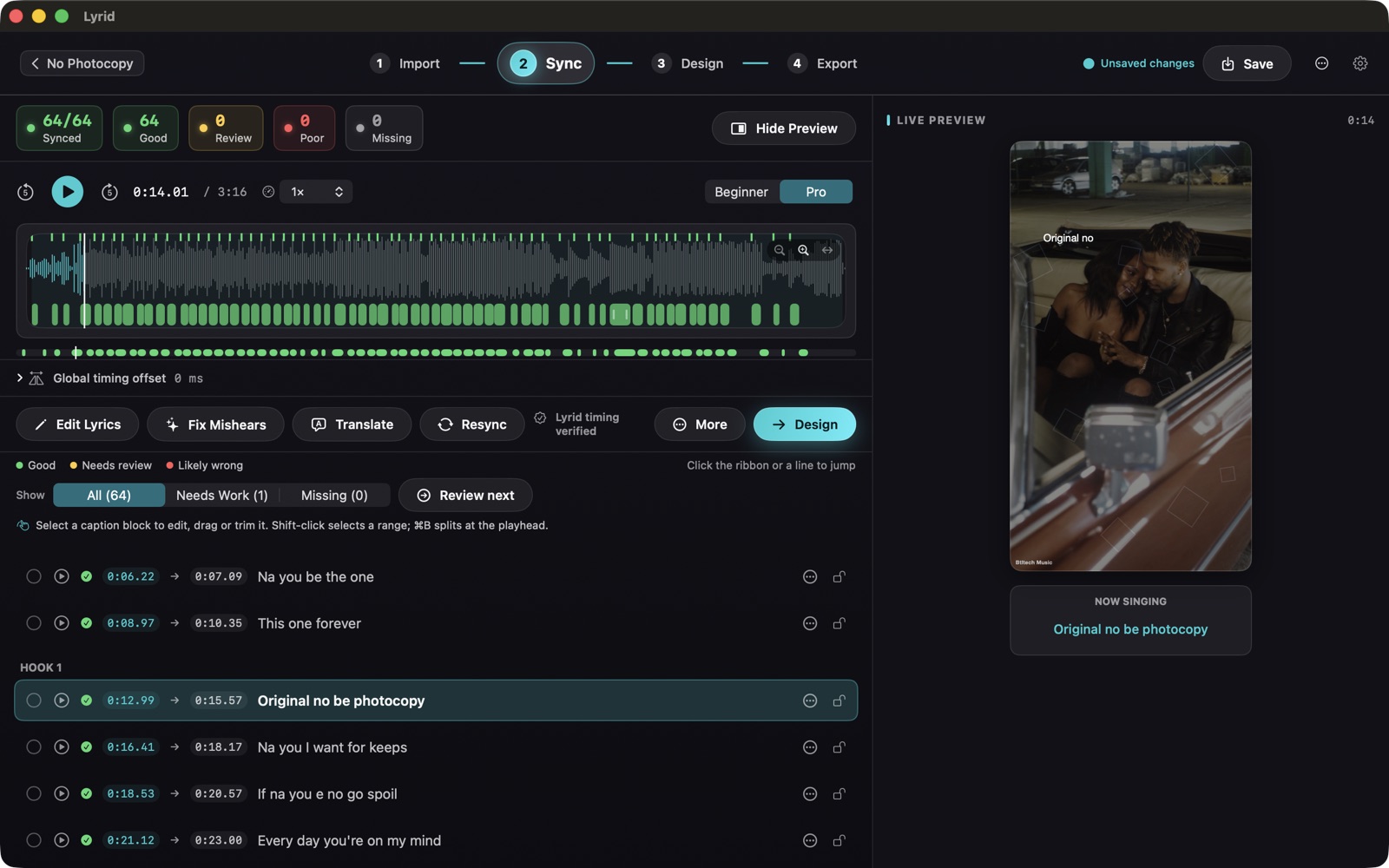Sync Review: every lyric line timed and marked Good, Review or Poor, with the waveform above and a live preview beside it.