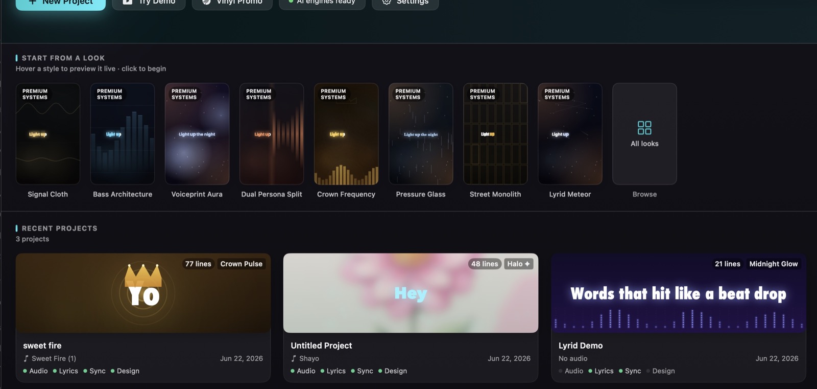 The Lyrid app dashboard with template looks and recent projects