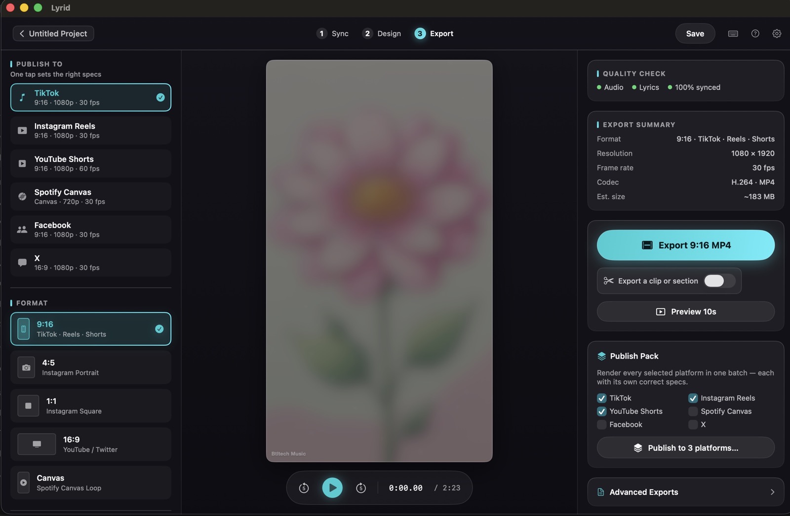 Lyrid export preview with quality check, export summary, and publish pack