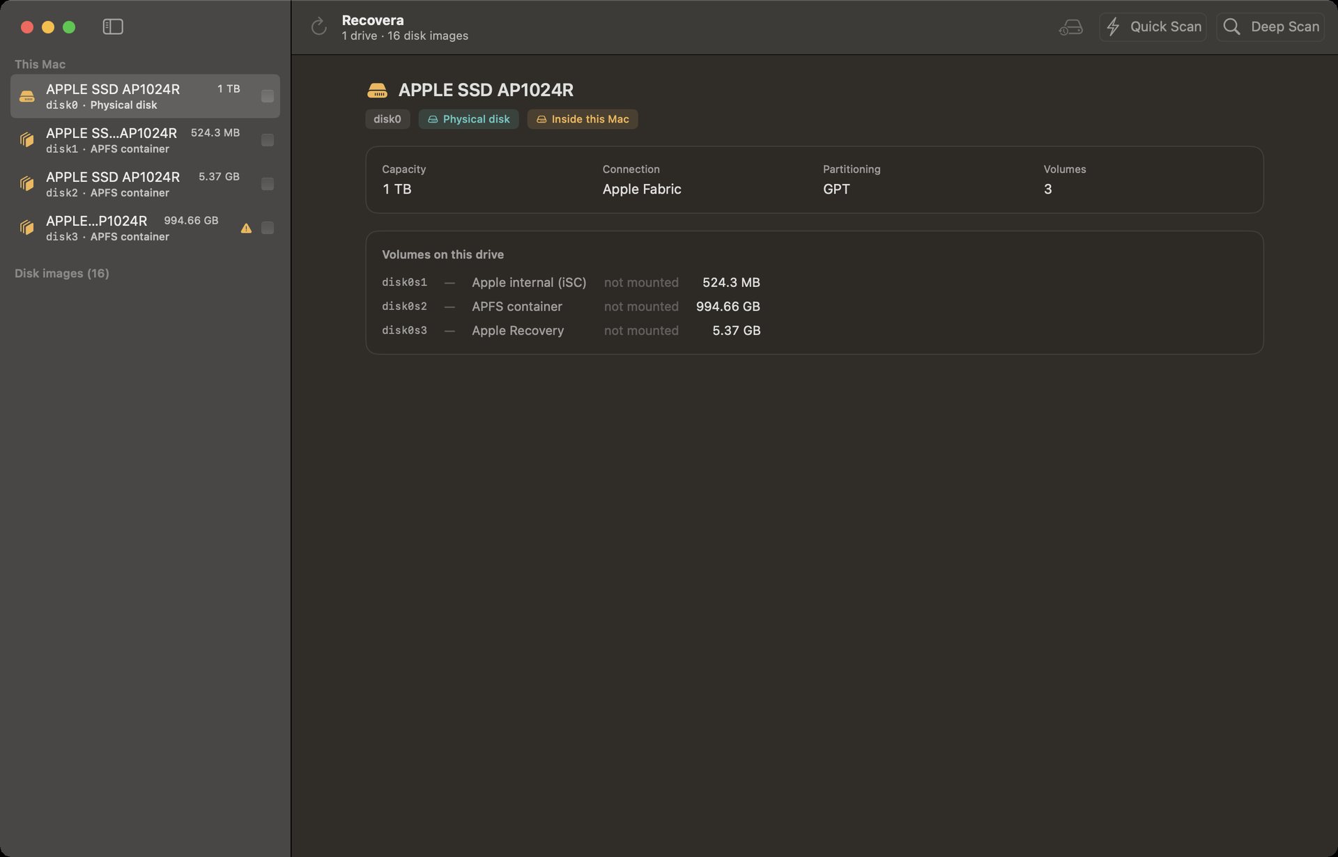 Recovera drive selection screen showing physical disks and unmounted APFS volumes