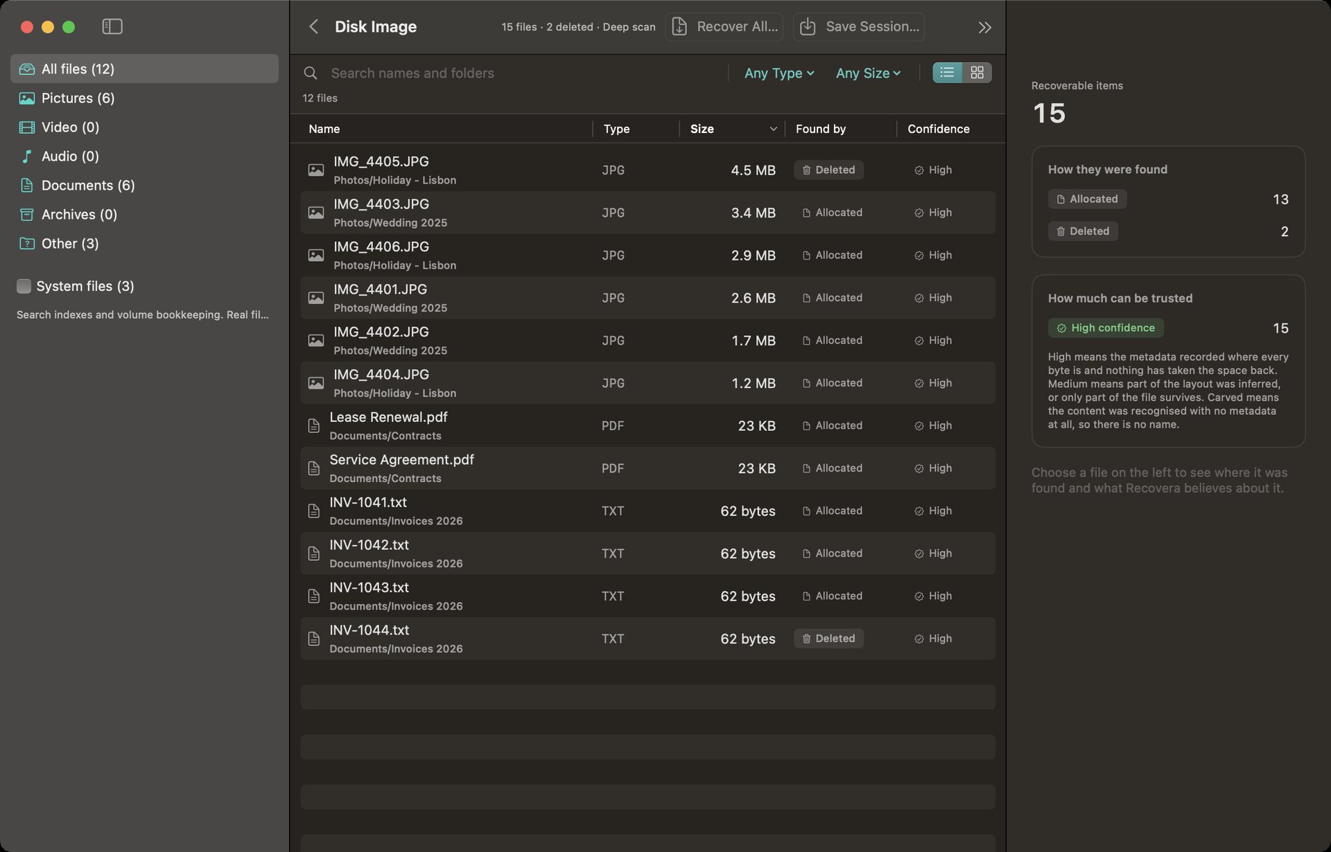 Recovera for Mac results interface showing scanned files, confidence ratings, and drive Inspector