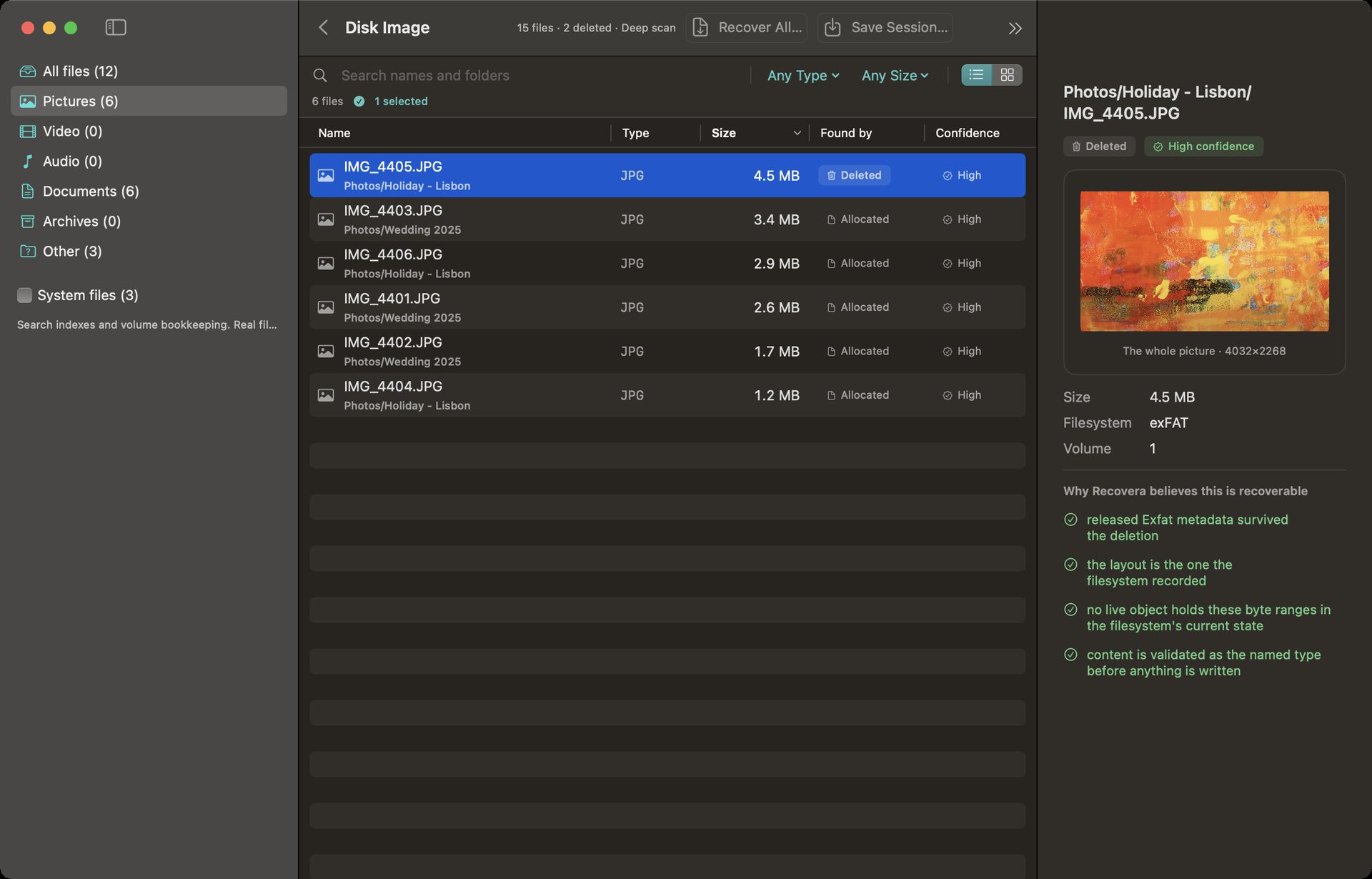 Recovera photo preview modal showing recovered image before saving