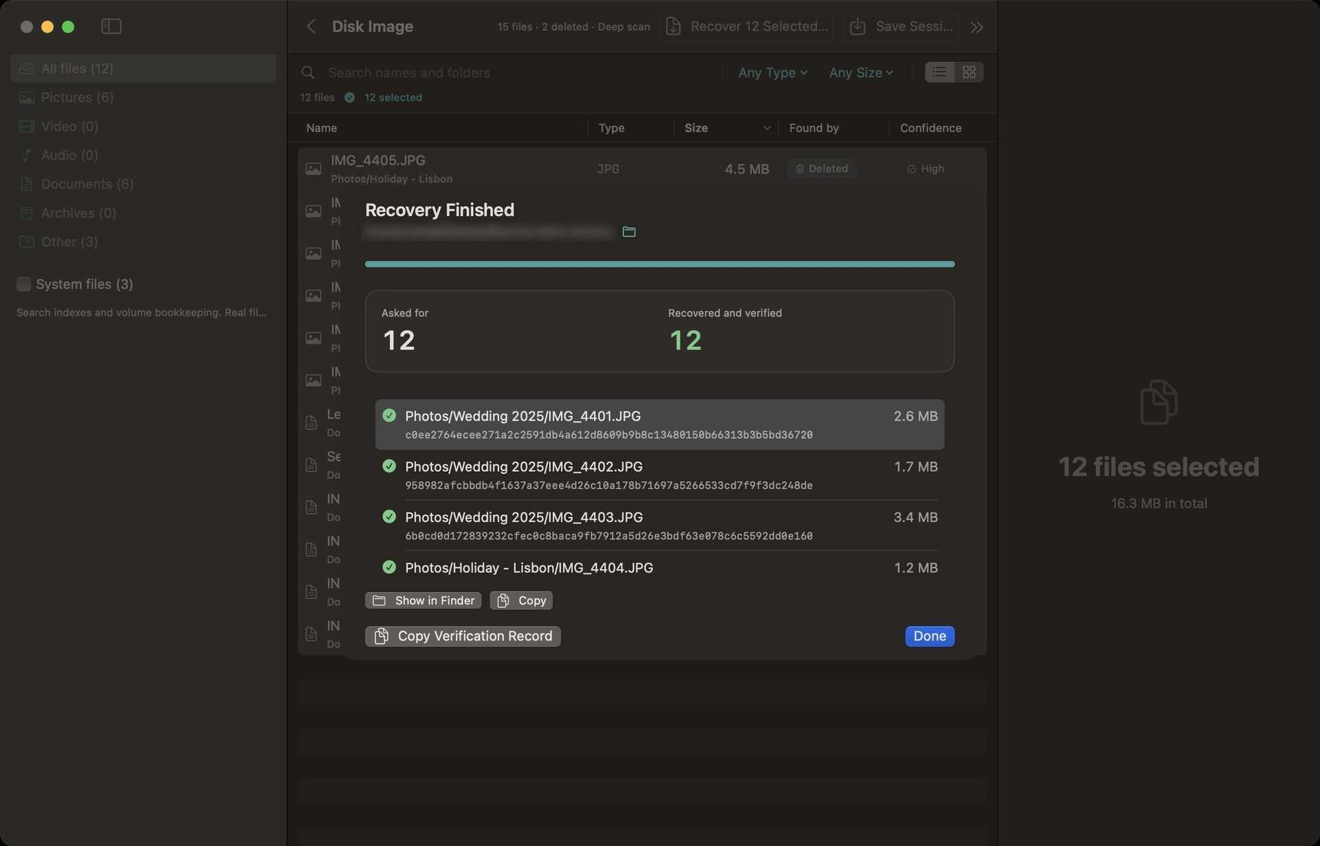 Recovera recovery finished screen showing SHA-256 cryptographic verification record